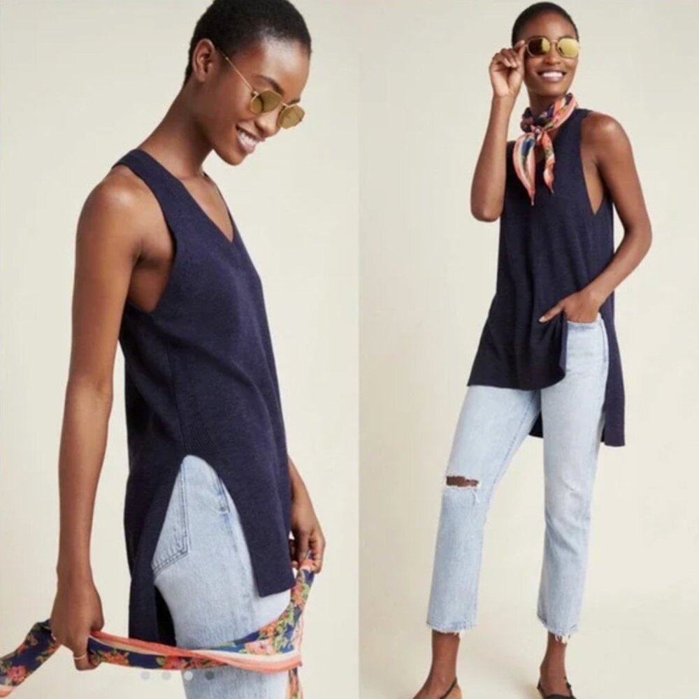 Anthropologie Sleeveless Sweater Tunic Linen Cotton Blend Navy Blue Size XS